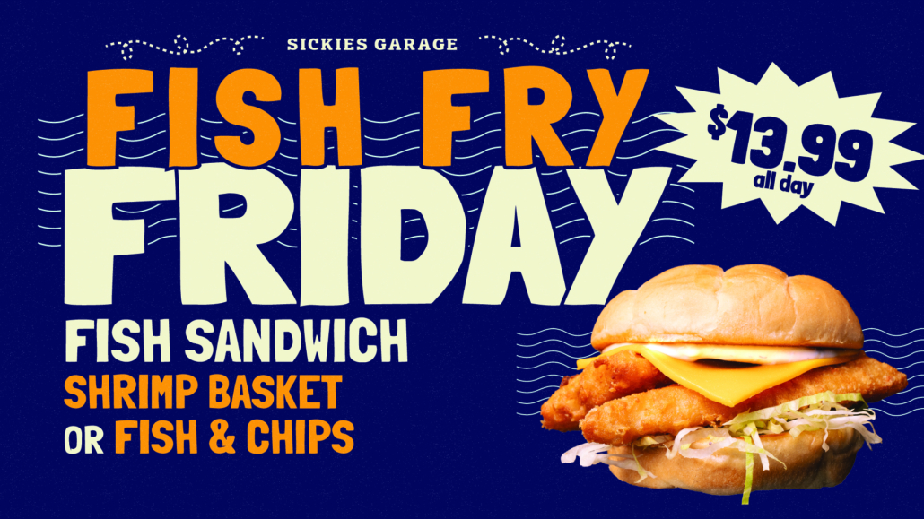 Crispy battered fish sandwich with American cheese, lettuce and creamy tartar sauce.