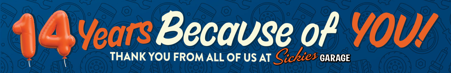 Banner graphic with stylized text: 14 years, because of you.